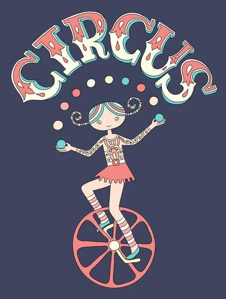 Teenage girl juggler on unicycle with inscription CIRCUS — Stok Vektör