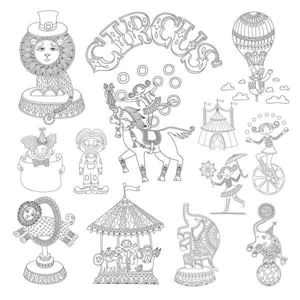 Black and white line art drawings collection of circus theme — Stock Vector