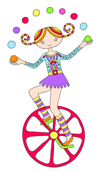 Line art drawing of circus theme - teenage girl juggler on unicy — ストックベクタ