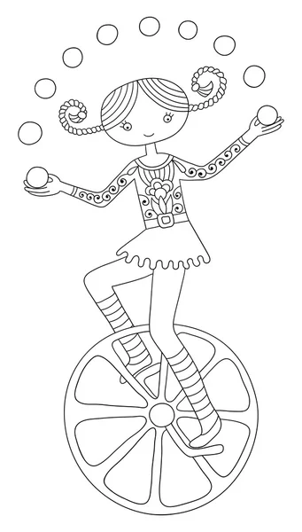 Line art illustration of circus theme - teenage girl juggler on — Stock Vector