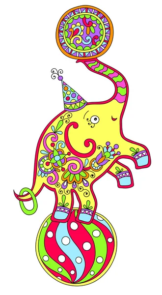 Colored line art drawing of circus theme - elephant balancing on — Wektor stockowy