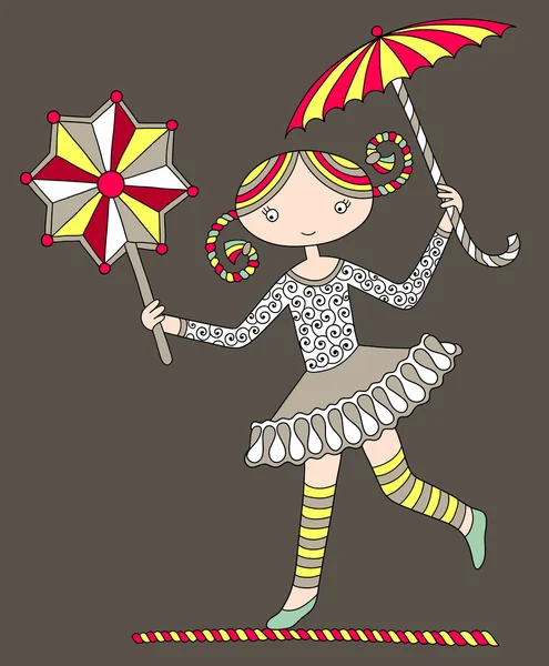 Pretty girl acrobat walking a tightrope with an umbrella and dec — ストックベクタ