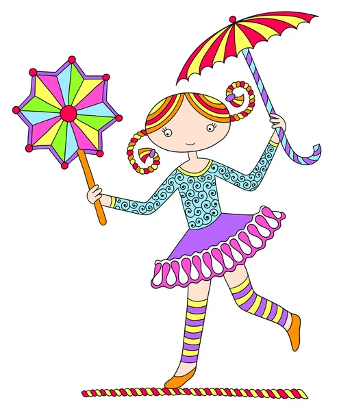 Pretty girl acrobat walking a tightrope with an umbrella and dec — Stock Vector