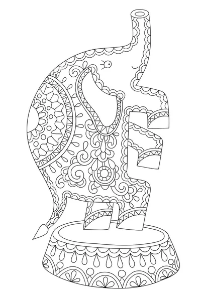 Ilustrasi seni garis hitam dan putih dari tema sirkus gajah - Stok Vektor
