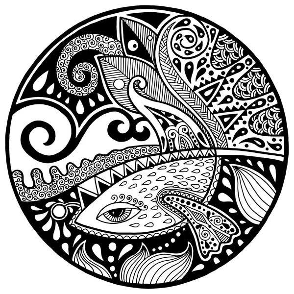 Black white abstract zendala with fish and waves on circle — Stock Vector