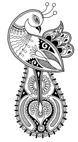 Zwart-wit peacock decoratieve etnische tekening — Stockvector