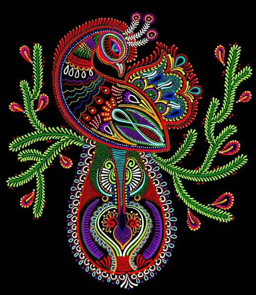 Ethnic folk art of peacock bird with flowering branch design, — Stock Vector