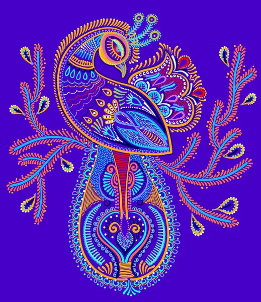 Ethnic folk art of peacock bird with flowering branch design, — Stock Vector