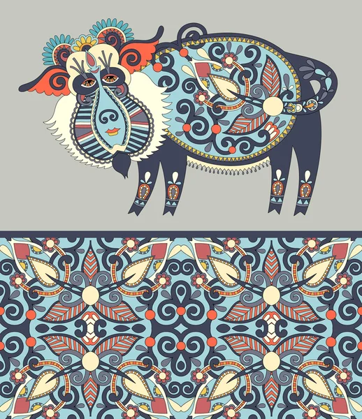 Folk ethnic animal - wild boar with seamless geometry vintage pa — Stock vektor