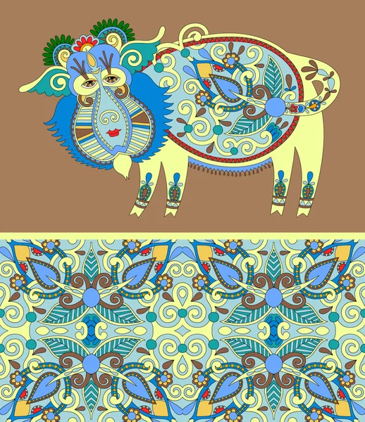 Folk ethnic animal - wild boar with seamless geometry vintage pa — Stockvector