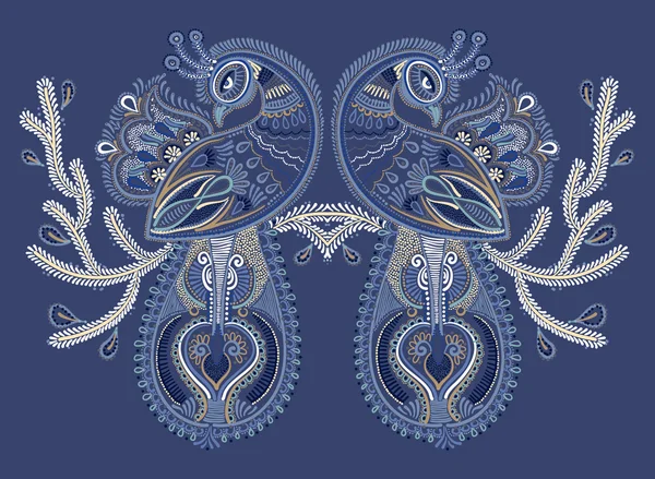 Art populaire ethnique de deux paon oiseau avec la conception de branche fleurissante — Image vectorielle