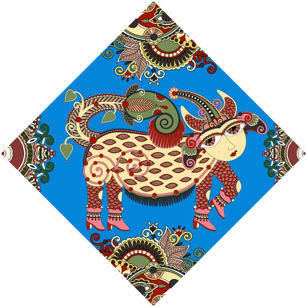 Unusual animal, folk illustration in rhombus composition — 图库矢量图片