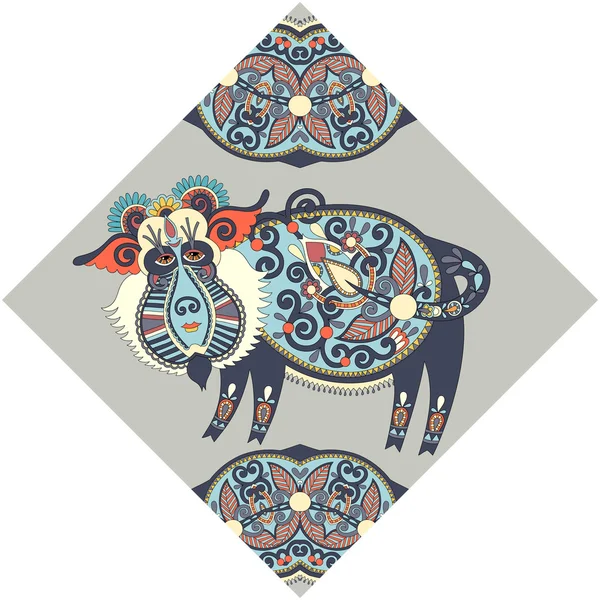 Unusual animal, folk illustration in rhombus composition — 图库矢量图片