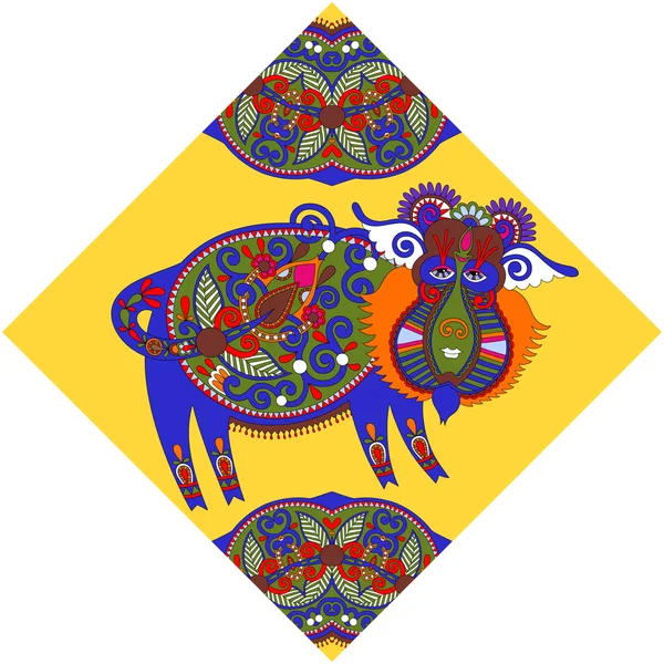 Unusual animal, folk illustration in rhombus composition — Wektor stockowy