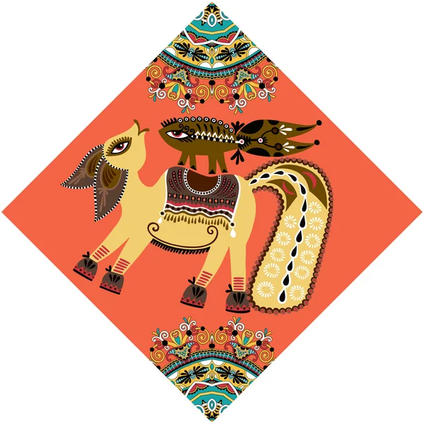 Unusual animal, folk illustration in rhombus composition — Διανυσματικό Αρχείο