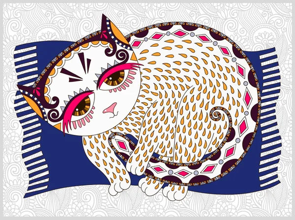 Ursprüngliche Abbildung der dekorativen Katze auf floralem Hintergrund — Stockvektor