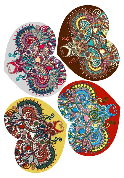 Four lace heart shape with ethnic floral paisley design for Vale — 图库矢量图片