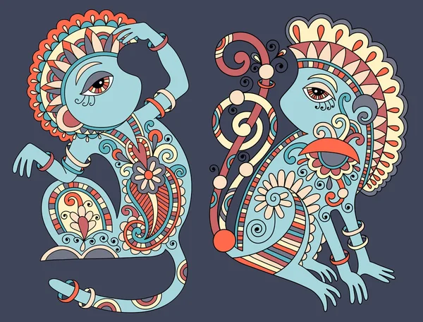 Line art drawing of two ethnic monkey in decorative ukrainian st — Stock Vector