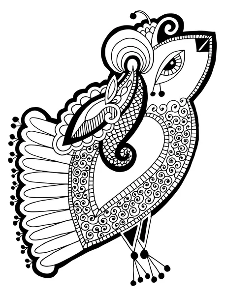 Zwart-wit peacock decoratieve etnische tekening — Stockvector