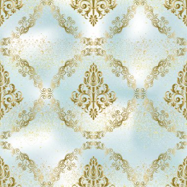 Eski, dikişsiz desen. Arka plan ya da duvar kağıdı tasarımı için kusursuz damaske deseni. Mavi ve altın rengi.