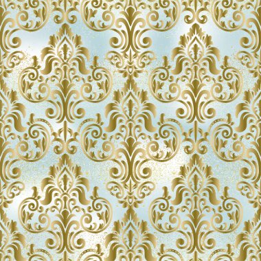 Arka plan ya da duvar kağıdı tasarımı için kusursuz damaske deseni. Damask duvar kağıdı. Mavi ve altın rengi.