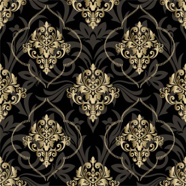 Arka plan ya da duvar kağıdı tasarımı için kusursuz damaske deseni. Damask duvar kağıdı. siyah ve altın rengi