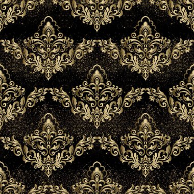 Arka plan ya da duvar kağıdı tasarımı için kusursuz damaske deseni. Siyah ve altın dijital kağıt.