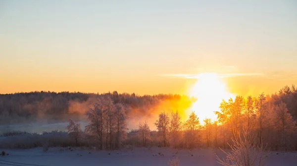 Fabulosa Paisagem Inverno Com Nevoeiro Iluminado Pela Luz Laranja Sol — Fotografia de Stock