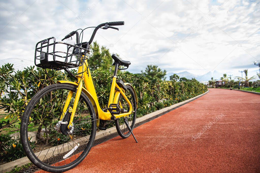 Yellow bike network rental stands on the red bike path
