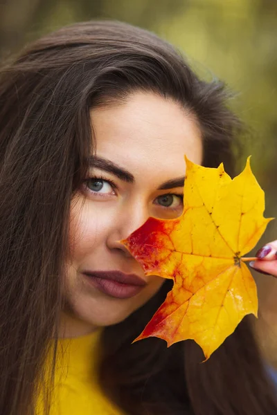 Junge Frau mit Herbstblättern in der Hand und Herbst gelben Ahorn Garten Hintergrund — Stockfoto