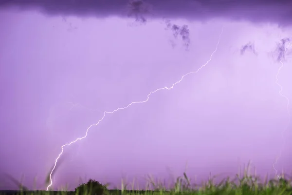 Lightning flashes across the night sky on the field grass. Violet color. Weather changes concept.