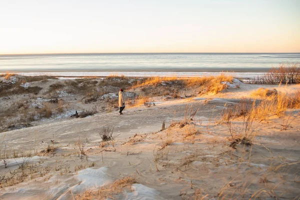 Женщина ходит по песчаным дюнам с сосновым лесом над морем зимой у Белого моря, Архангельск — стоковое фото