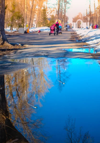 Reflektion i vatten. Promenad i park. — Stockfoto