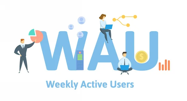 WAU, Weekly Active Users Концепція з ключовими словами, людьми та іконами. Плоский вектор. Ізольовані на білому. — стоковий вектор