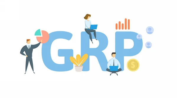 GRP, Gross Rating Point. Conceito com palavras-chave, pessoas e ícones. Ilustração vetorial plana. Isolado em branco. — Vetor de Stock