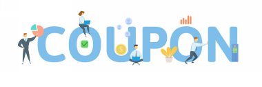 Kupon. Anahtar kelime, insanlar ve ikonlar ile kavram. Düz vektör çizimi. Beyazda izole edilmiş.