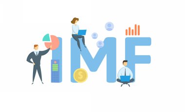 IMF, Uluslararası Para Fonu. Anahtar kelime, insanlar ve ikonlar ile kavram. Düz vektör çizimi. Beyazda izole edilmiş.