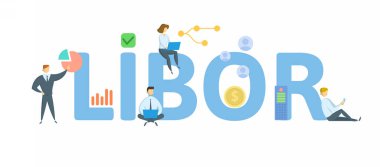 LiBOR, Londra Interbank teklif etti. Anahtar kelime, insanlar ve ikonlar ile kavram. Düz vektör çizimi. Beyazda izole edilmiş.