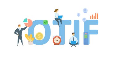 OTIF, tam zamanında. Anahtar sözcükler, insanlar ve ikonlar ile kavram. Düz vektör çizimi. Beyazda izole edilmiş.