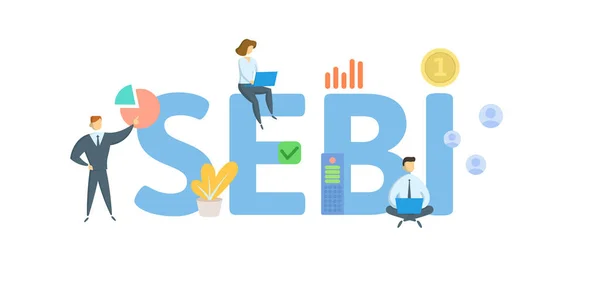 SEBI, Securities and Exchange Board of India. Concepto con palabras clave, personas e iconos. Ilustración vectorial plana. Aislado sobre blanco. — Archivo Imágenes Vectoriales