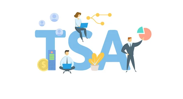 TSA, Anuidade Protegida por Impostos. Conceito com palavras-chave, pessoas e ícones. Ilustração vetorial plana. Isolado em branco. —  Vetores de Stock