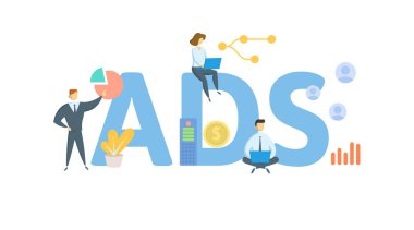 ADS, Alternatif değer kaybı sistemi. Anahtar sözcükler, insanlar ve ikonlar ile kavram. Düz vektör çizimi. Beyazda izole edilmiş.