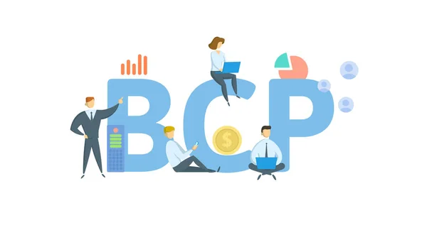 BCP, üzleti folytonossági terv. Fogalom kulcsszavakkal, emberek és ikonok. Lapos vektor illusztráció. Fehér alapon elszigetelve. — Stock Vector