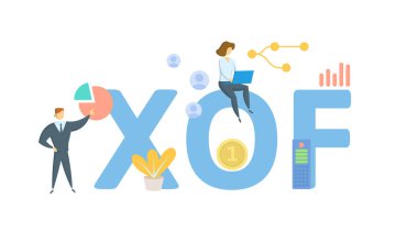XOF, Batı Afrika CFA frangı, para birimi tanımlaması. Anahtar sözcükler, insanlar ve ikonlar ile kavram. Düz vektör çizimi. Beyazda izole edilmiş.