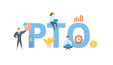 PTO, ücretli izin. Anahtar sözcükler, insanlar ve ikonlar ile kavram. Düz vektör çizimi. Beyazda izole edilmiş.