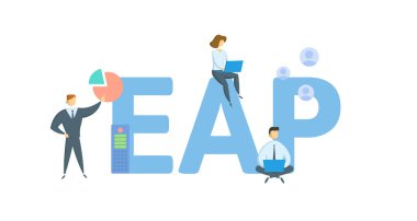 EAP, Personel Yardım Programı. Anahtar sözcükler, insanlar ve ikonlar ile kavram. Düz vektör çizimi. Beyazda izole edilmiş.