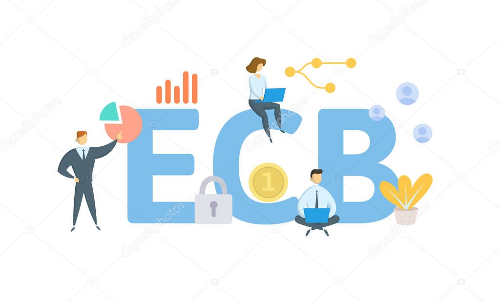 ECB, European Central Bank. Concept with keywords, people and icons. Flat vector illustration. Isolated on white.