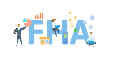 FHA, Federal Konut İdaresi. Anahtar sözcükler, insanlar ve ikonlar ile kavram. Düz vektör çizimi. Beyazda izole edilmiş.