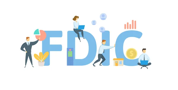 FDIC, Federal Mevduat Sigorta Şirketi. Anahtar sözcükler, insanlar ve ikonlar ile kavram. Düz vektör çizimi. Beyazda izole edilmiş. — Stok Vektör