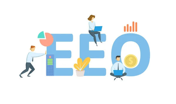 EEO, Equal Employment Opportunity. Concept met trefwoorden, mensen en pictogrammen. Platte vectorillustratie. geïsoleerd op wit. — Stockvector